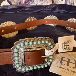 Haute Hippie Brown Faux Leather Belt with Mint-Turquoise Conchos XL